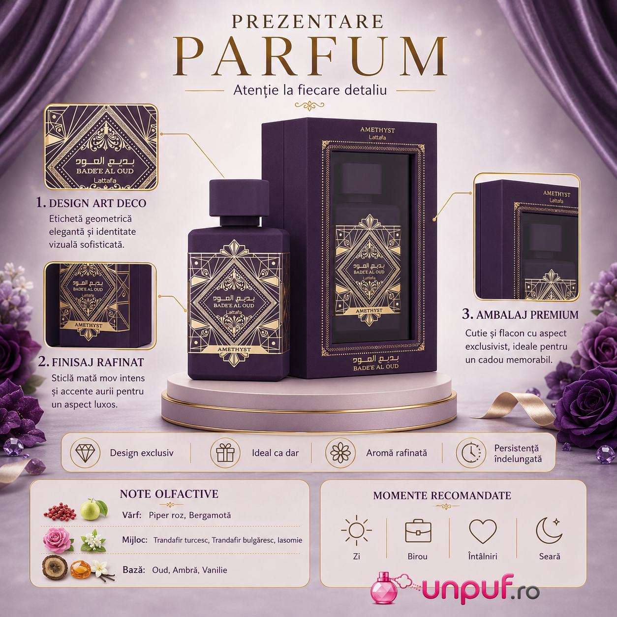 Parfum arabesc Lattafa Bade'e Al Oud Amethyst Eau de Parfum 100 ml unisex damă bărbat
